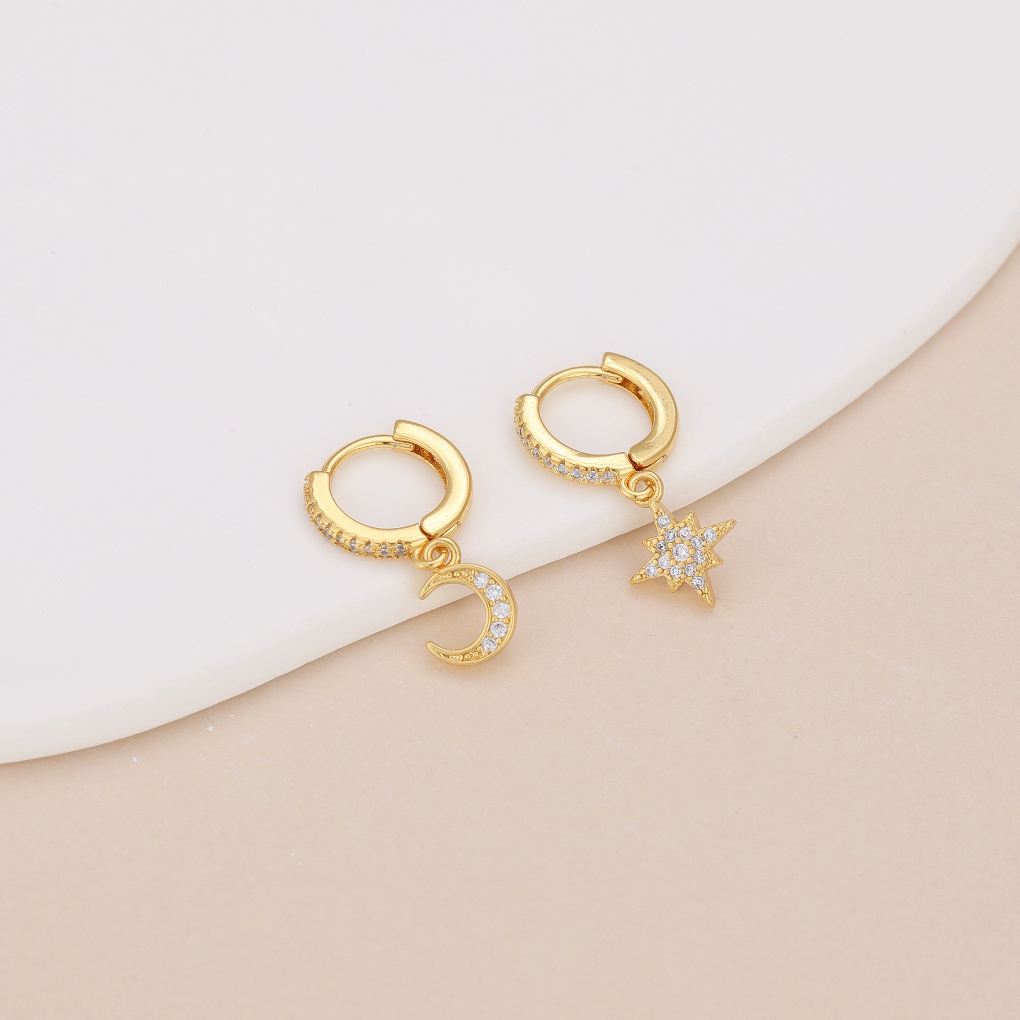 Moon star huggie dangle earrings, celestial earrings E140