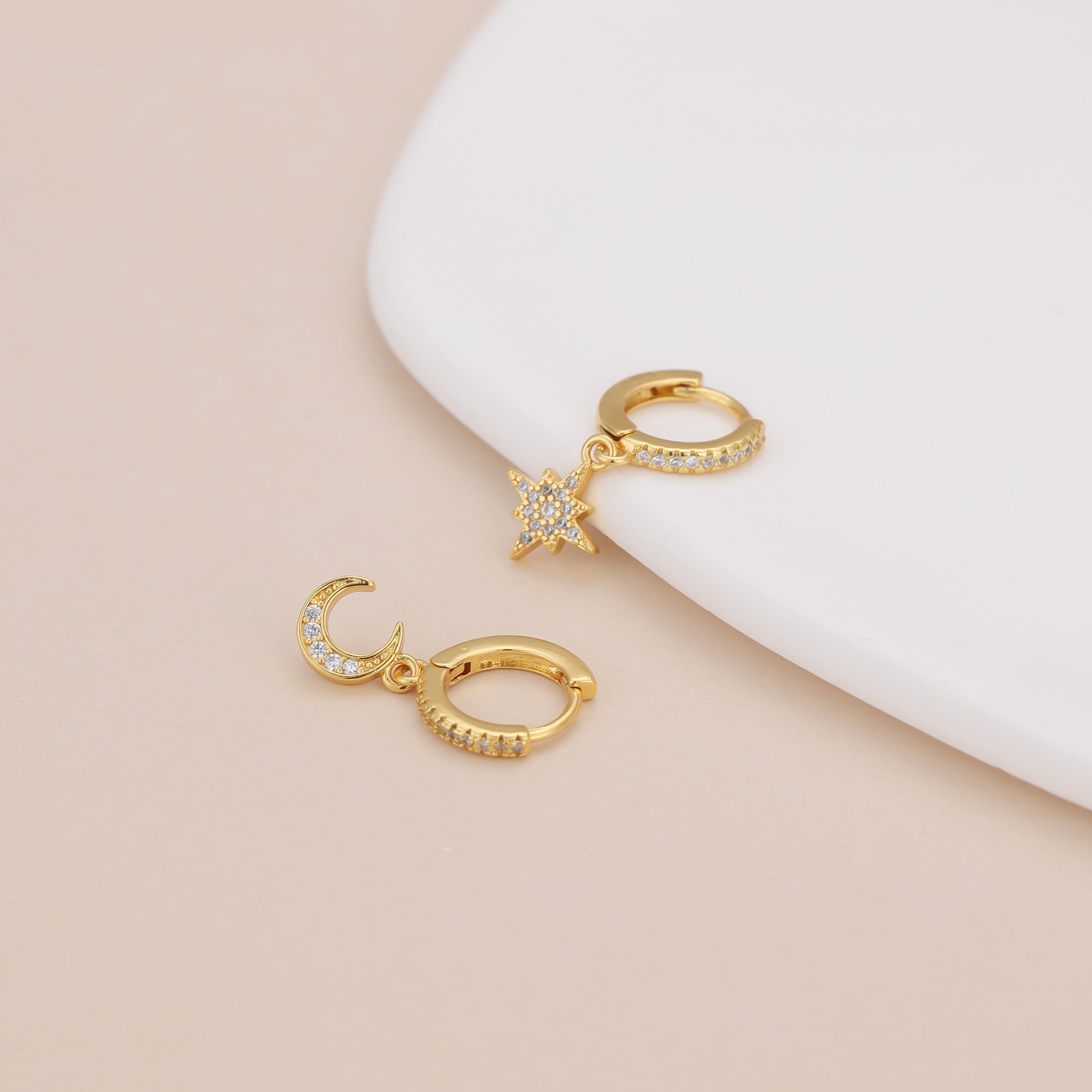 Moon star huggie dangle earrings, celestial earrings E140