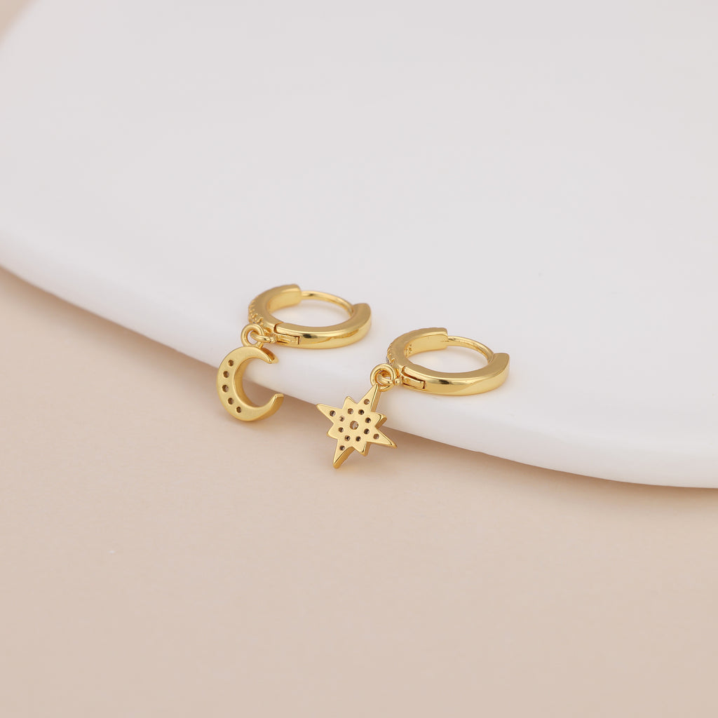 Moon star huggie dangle earrings, celestial earrings E140