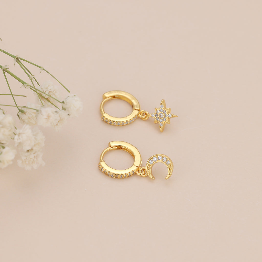 Gold Pave Star And Moon Asymmetrical Huggie Hoop Drop Earrings E140