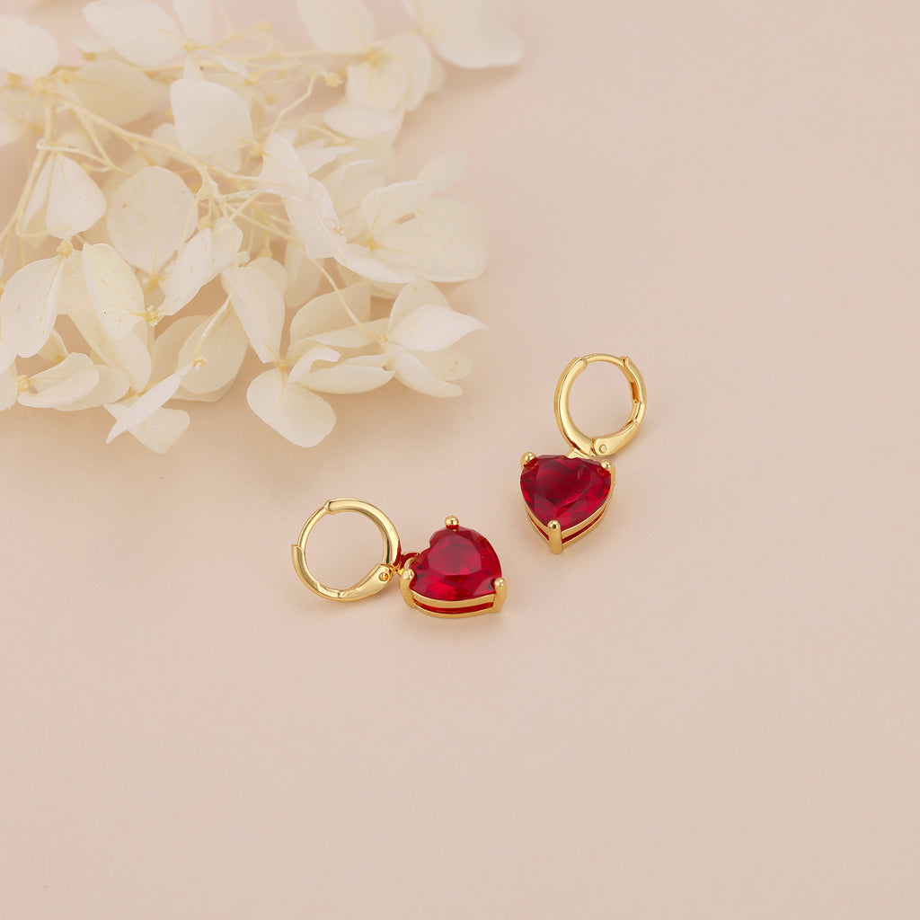 Gold Plated Red Heart Drop Huggie Hoop Earrings For Women E149