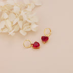 Gold Plated Red Heart Drop Huggie Hoop Earrings For Women E149