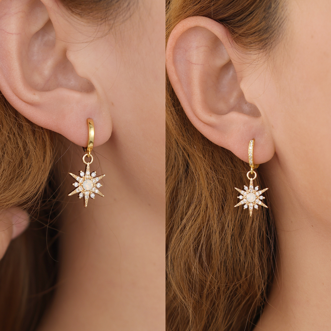 Gold Plated Opal Starburst Drop Huggie Hoop Earrings For Women E145