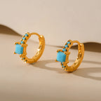 Gold Turquoise Square Stone Huggie Hoop Earrings E282