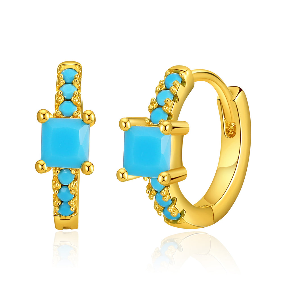 Gold Turquoise Square Stone Huggie Hoop Earrings E282