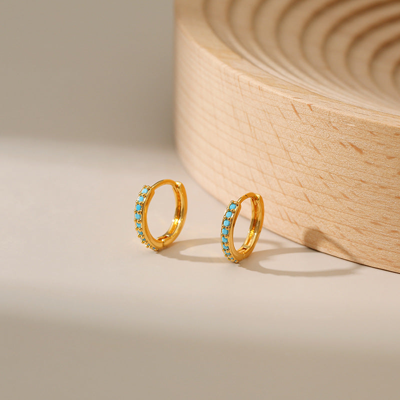 Dainty Gold Plated Turquoise Stone Huggie Hoop Earrings For Women E138
