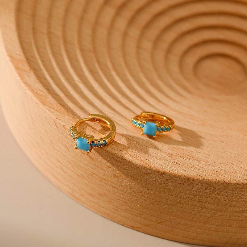 Gold Turquoise Square Stone Huggie Hoop Earrings E282