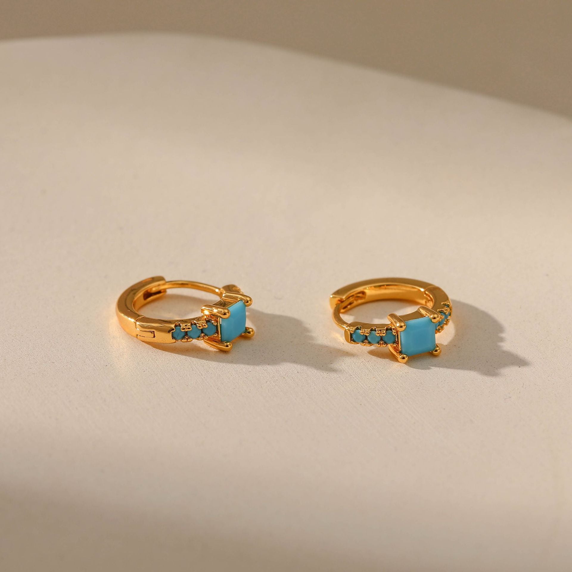 Gold Turquoise Square Stone Huggie Hoop Earrings E282