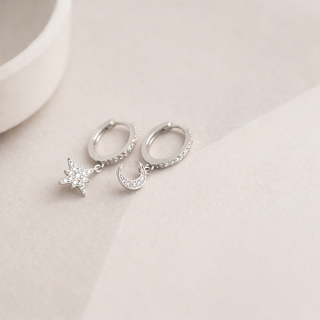 Gold Pave Star And Moon Asymmetrical Huggie Hoop Drop Earrings E140