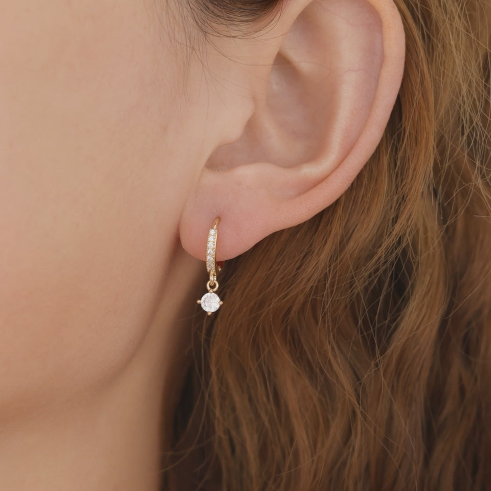 Gold Pave CZ Solitaire Drop Huggie Hoop Earrings For Women E156