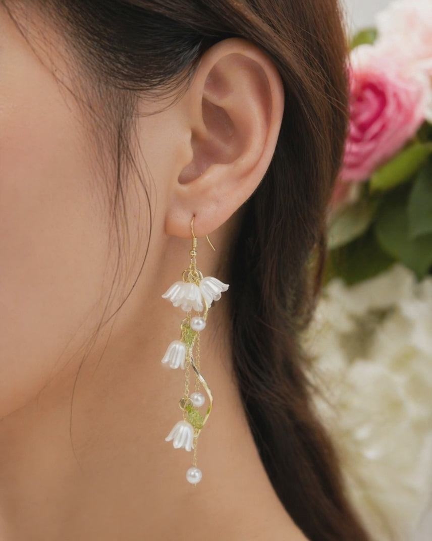 Lily of Valley White Flower Pearl Long Dangle Earrings E189