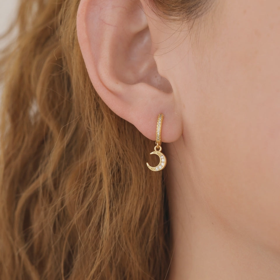 Gold Pave Star And Moon Asymmetrical Huggie Hoop Drop Earrings E140