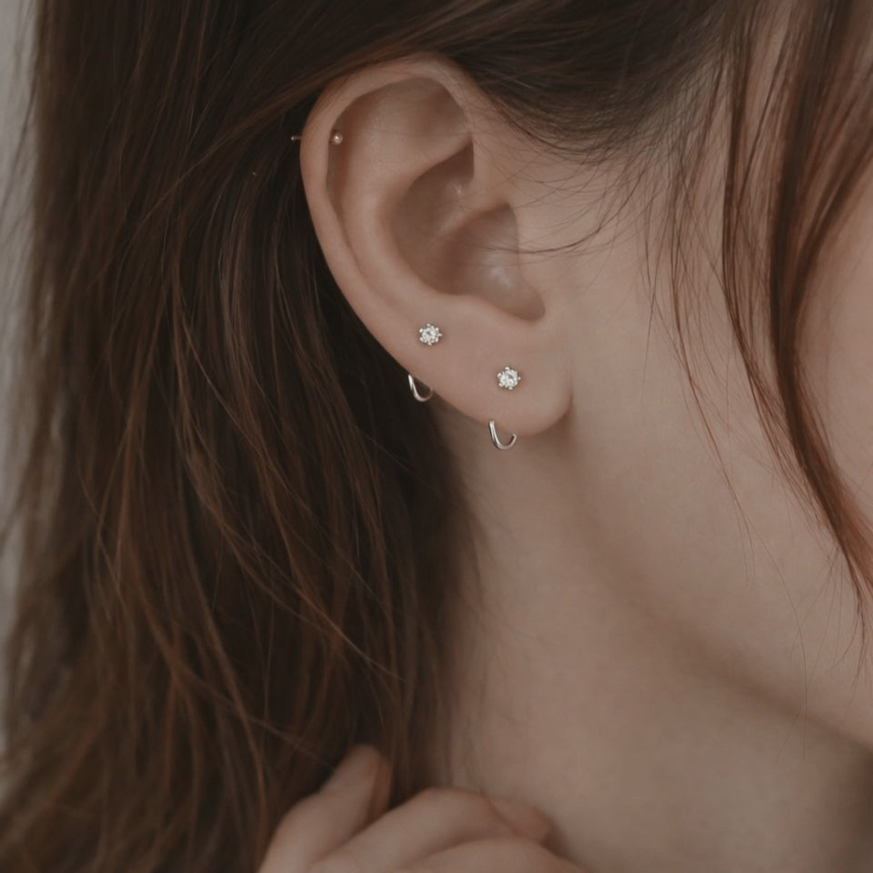 Dainty CZ Solitaire C Shape Open Hoop Women Earrings E141