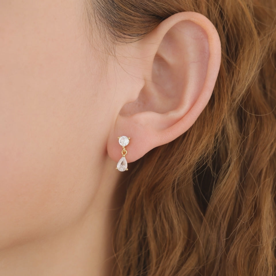 Gold CZ Teardrop Dangle Stud Earrings for Women E176