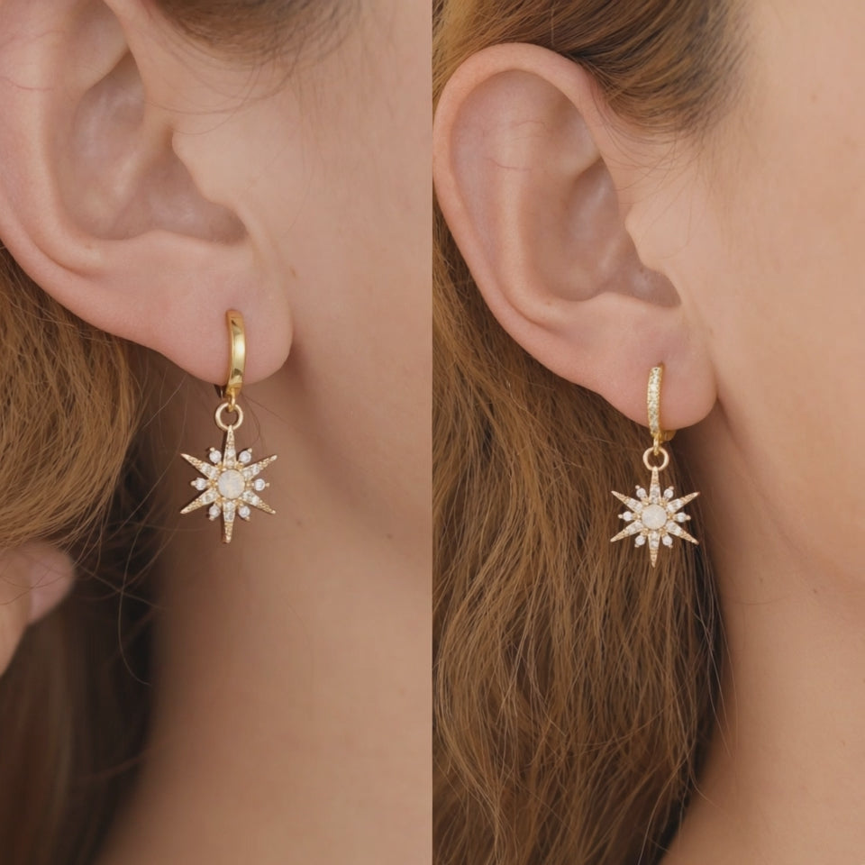 Gold Plated Opal Starburst Drop Huggie Hoop Earrings For Women E145
