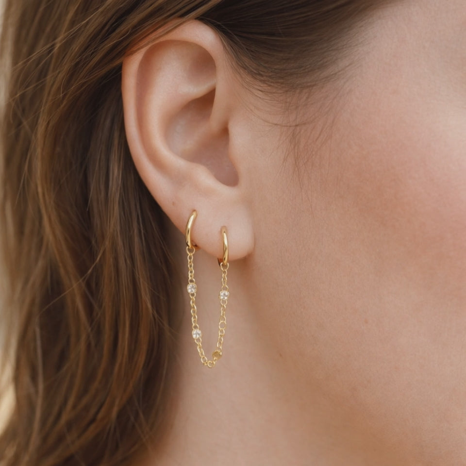 Double Huggie Hoop Chain Dangle Single Earrings E057